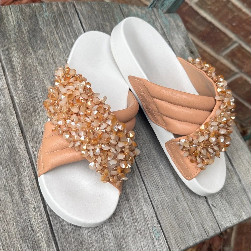 Embellished Tan Slide Sandals for Women - Bead Accent